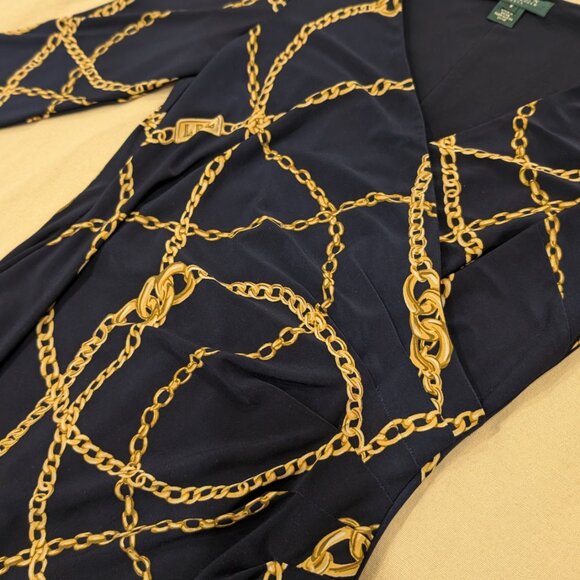 Ralph Lauren Navy Equestrian Chain Print Old Money Wrap Dress - Women's sz 8 - Picture 3 of 14